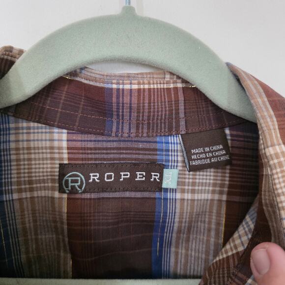 Roper Embroidered Plaid Western Shirt Mens XL Pearl Snap Rodeo Blue Brown Lurex - Picture 7 of 10